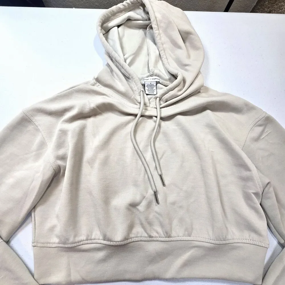 Better Together Modal Blend Hooded Long Sleeve Crop Sweatshirt in Taupe SZ S - Picture 2 of 5